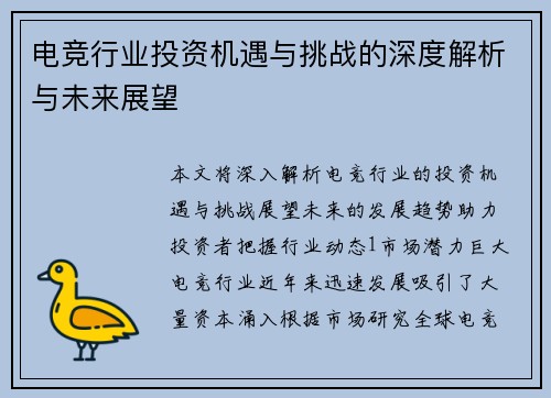 电竞行业投资机遇与挑战的深度解析与未来展望